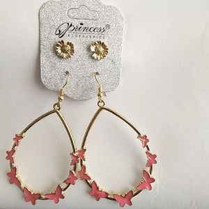 3 for $18 Gold w/ Pink Butterflies Teardrop Earrings Set NWT